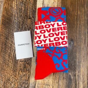Charles Jeffrey Loverboy Men's OS Blue White Patterned-Intarsia Knee Socks